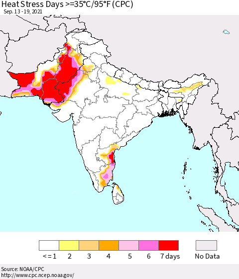 Southern Asia Heat Stress Days >=35°C/95°F (CPC) Thematic Map For 9/13/2021 - 9/19/2021