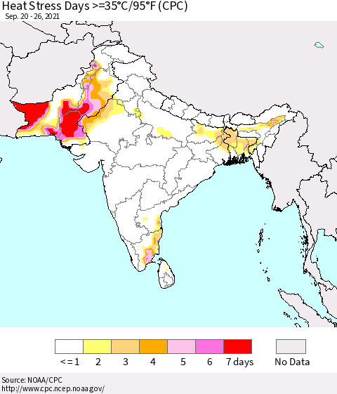 Southern Asia Heat Stress Days >=35°C/95°F (CPC) Thematic Map For 9/20/2021 - 9/26/2021