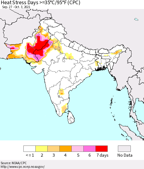 Southern Asia Heat Stress Days >=35°C/95°F (CPC) Thematic Map For 9/27/2021 - 10/3/2021
