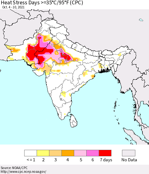 Southern Asia Heat Stress Days >=35°C/95°F (CPC) Thematic Map For 10/4/2021 - 10/10/2021