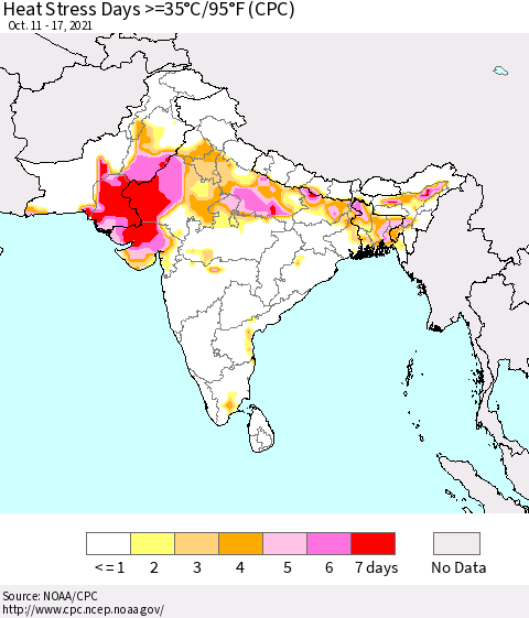Southern Asia Heat Stress Days >=35°C/95°F (CPC) Thematic Map For 10/11/2021 - 10/17/2021