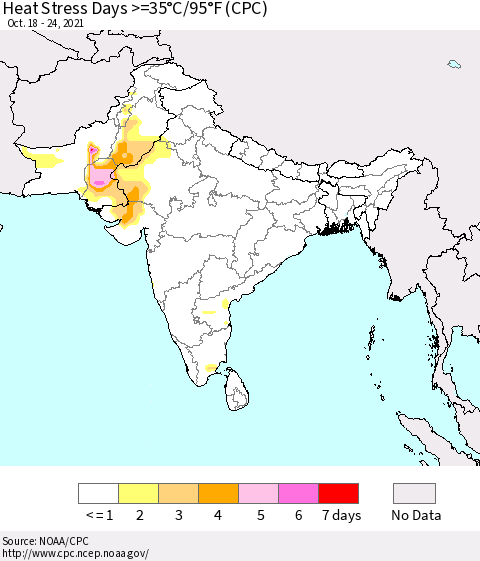 Southern Asia Heat Stress Days >=35°C/95°F (CPC) Thematic Map For 10/18/2021 - 10/24/2021