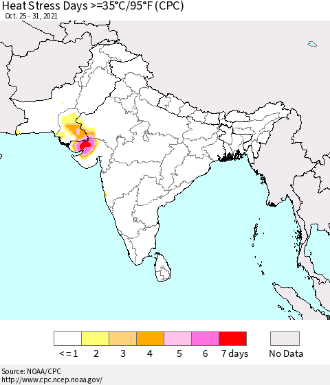 Southern Asia Heat Stress Days >=35°C/95°F (CPC) Thematic Map For 10/25/2021 - 10/31/2021