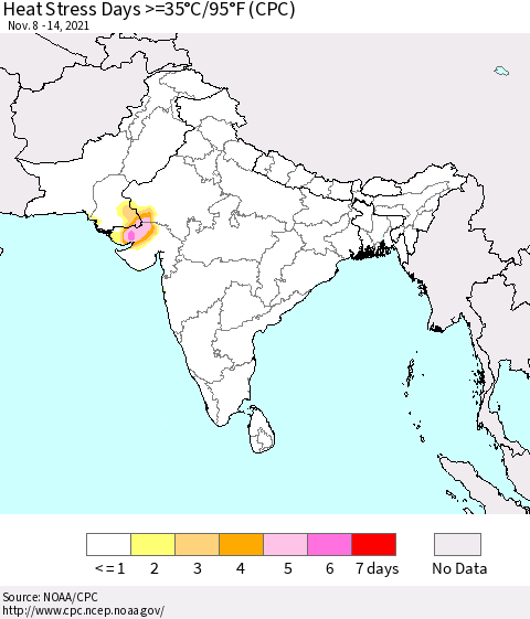 Southern Asia Heat Stress Days >=35°C/95°F (CPC) Thematic Map For 11/8/2021 - 11/14/2021