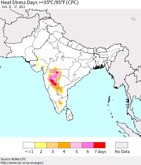 Southern Asia Heat Stress Days >=35°C/95°F (CPC) Thematic Map For 2/21/2022 - 2/27/2022