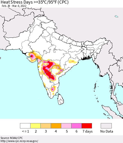 Southern Asia Heat Stress Days >=35°C/95°F (CPC) Thematic Map For 2/28/2022 - 3/6/2022