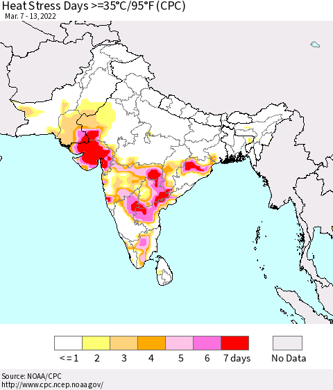 Southern Asia Heat Stress Days >=35°C/95°F (CPC) Thematic Map For 3/7/2022 - 3/13/2022