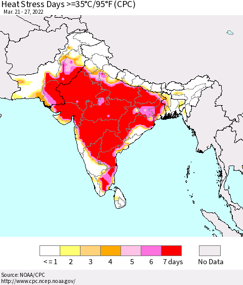 Southern Asia Heat Stress Days >=35°C/95°F (CPC) Thematic Map For 3/21/2022 - 3/27/2022