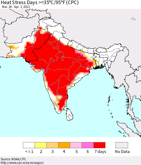 Southern Asia Heat Stress Days >=35°C/95°F (CPC) Thematic Map For 3/28/2022 - 4/3/2022
