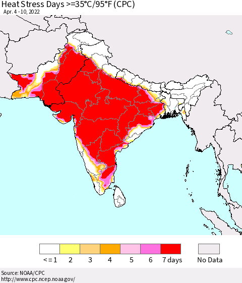 Southern Asia Heat Stress Days >=35°C/95°F (CPC) Thematic Map For 4/4/2022 - 4/10/2022