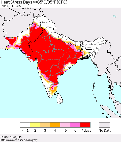 Southern Asia Heat Stress Days >=35°C/95°F (CPC) Thematic Map For 4/11/2022 - 4/17/2022