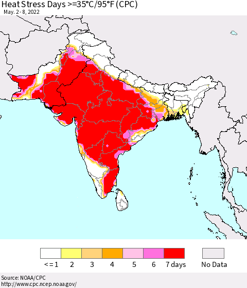 Southern Asia Heat Stress Days >=35°C/95°F (CPC) Thematic Map For 5/2/2022 - 5/8/2022