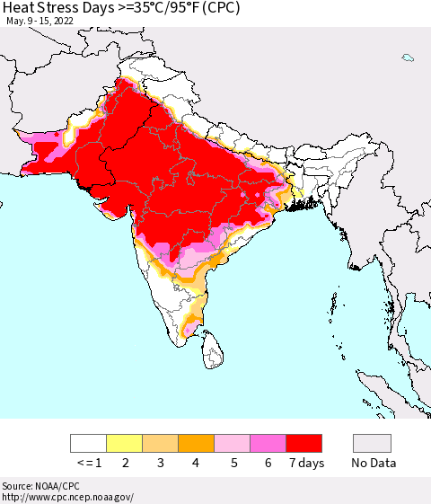 Southern Asia Heat Stress Days >=35°C/95°F (CPC) Thematic Map For 5/9/2022 - 5/15/2022