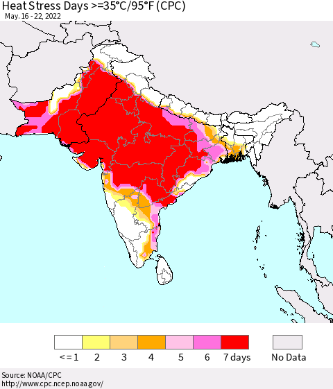 Southern Asia Heat Stress Days >=35°C/95°F (CPC) Thematic Map For 5/16/2022 - 5/22/2022