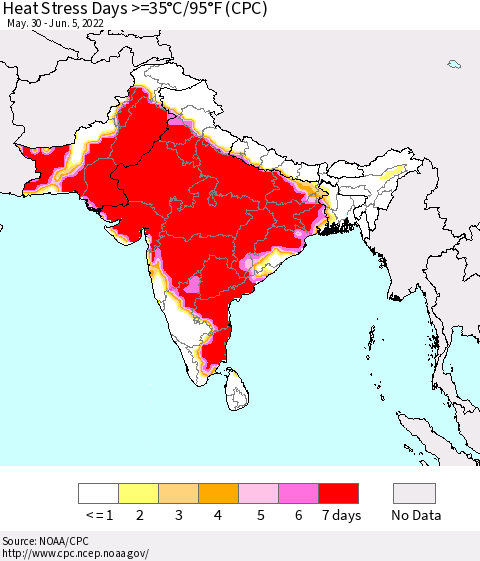 Southern Asia Heat Stress Days >=35°C/95°F (CPC) Thematic Map For 5/30/2022 - 6/5/2022