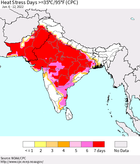 Southern Asia Heat Stress Days >=35°C/95°F (CPC) Thematic Map For 6/6/2022 - 6/12/2022