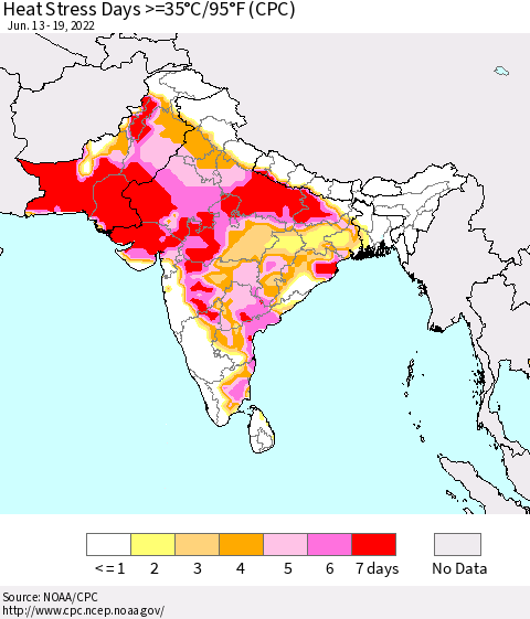Southern Asia Heat Stress Days >=35°C/95°F (CPC) Thematic Map For 6/13/2022 - 6/19/2022