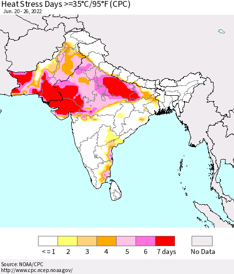 Southern Asia Heat Stress Days >=35°C/95°F (CPC) Thematic Map For 6/20/2022 - 6/26/2022