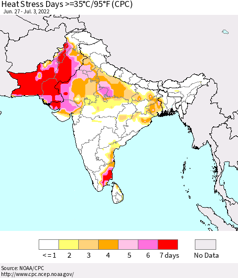 Southern Asia Heat Stress Days >=35°C/95°F (CPC) Thematic Map For 6/27/2022 - 7/3/2022