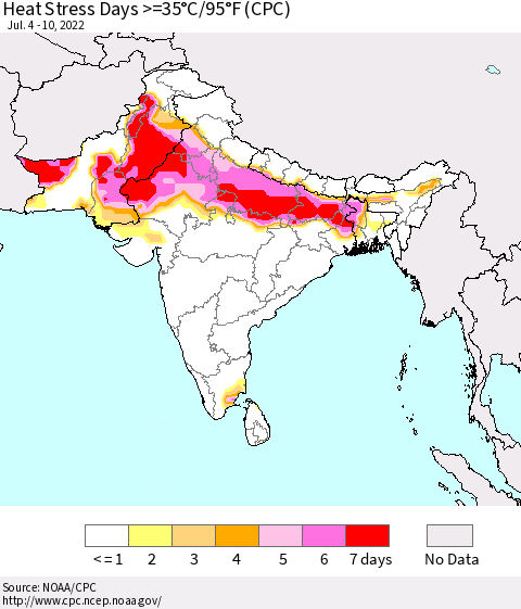 Southern Asia Heat Stress Days >=35°C/95°F (CPC) Thematic Map For 7/4/2022 - 7/10/2022