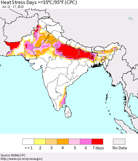 Southern Asia Heat Stress Days >=35°C/95°F (CPC) Thematic Map For 7/11/2022 - 7/17/2022