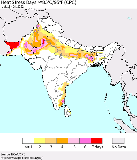Southern Asia Heat Stress Days >=35°C/95°F (CPC) Thematic Map For 7/18/2022 - 7/24/2022