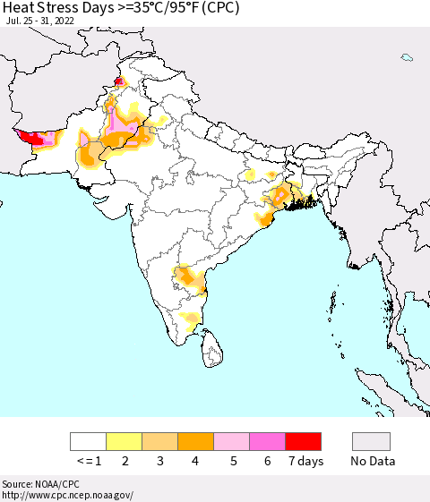 Southern Asia Heat Stress Days >=35°C/95°F (CPC) Thematic Map For 7/25/2022 - 7/31/2022