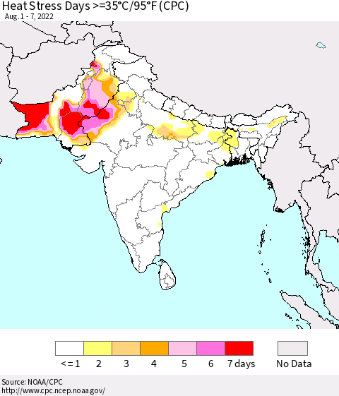Southern Asia Heat Stress Days >=35°C/95°F (CPC) Thematic Map For 8/1/2022 - 8/7/2022