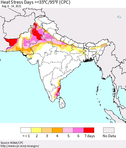 Southern Asia Heat Stress Days >=35°C/95°F (CPC) Thematic Map For 8/8/2022 - 8/14/2022