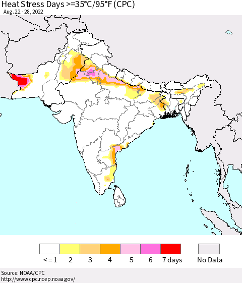 Southern Asia Heat Stress Days >=35°C/95°F (CPC) Thematic Map For 8/22/2022 - 8/28/2022