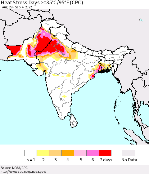 Southern Asia Heat Stress Days >=35°C/95°F (CPC) Thematic Map For 8/29/2022 - 9/4/2022