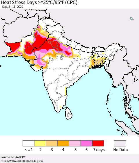 Southern Asia Heat Stress Days >=35°C/95°F (CPC) Thematic Map For 9/5/2022 - 9/11/2022