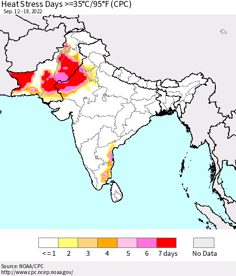 Southern Asia Heat Stress Days >=35°C/95°F (CPC) Thematic Map For 9/12/2022 - 9/18/2022