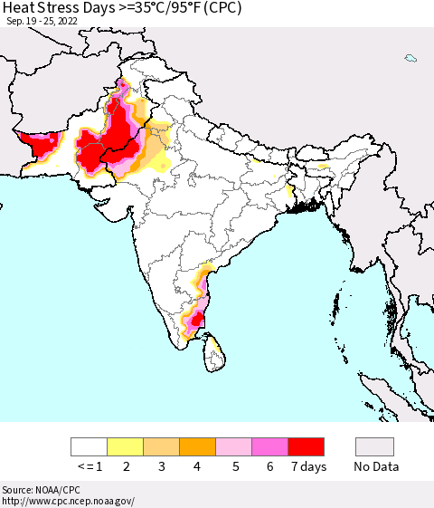 Southern Asia Heat Stress Days >=35°C/95°F (CPC) Thematic Map For 9/19/2022 - 9/25/2022