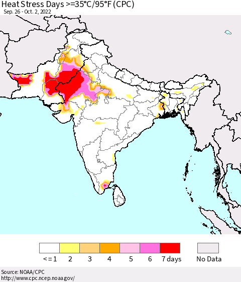 Southern Asia Heat Stress Days >=35°C/95°F (CPC) Thematic Map For 9/26/2022 - 10/2/2022
