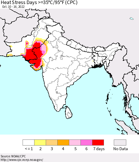 Southern Asia Heat Stress Days >=35°C/95°F (CPC) Thematic Map For 10/10/2022 - 10/16/2022