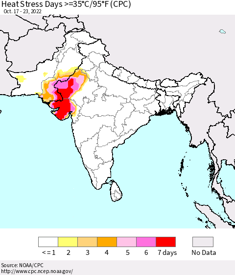 Southern Asia Heat Stress Days >=35°C/95°F (CPC) Thematic Map For 10/17/2022 - 10/23/2022