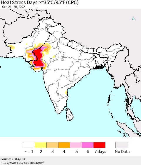 Southern Asia Heat Stress Days >=35°C/95°F (CPC) Thematic Map For 10/24/2022 - 10/30/2022