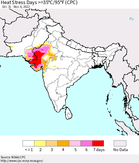 Southern Asia Heat Stress Days >=35°C/95°F (CPC) Thematic Map For 10/31/2022 - 11/6/2022