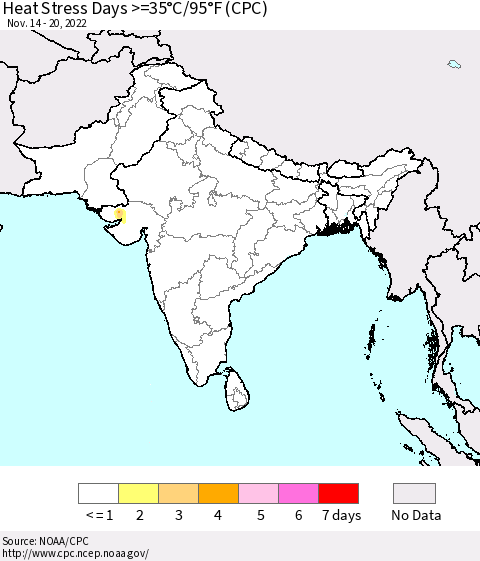 Southern Asia Heat Stress Days >=35°C/95°F (CPC) Thematic Map For 11/14/2022 - 11/20/2022