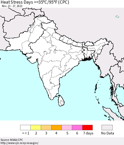 Southern Asia Heat Stress Days >=35°C/95°F (CPC) Thematic Map For 11/21/2022 - 11/27/2022