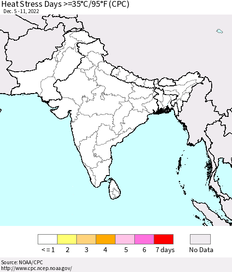 Southern Asia Heat Stress Days >=35°C/95°F (CPC) Thematic Map For 12/5/2022 - 12/11/2022