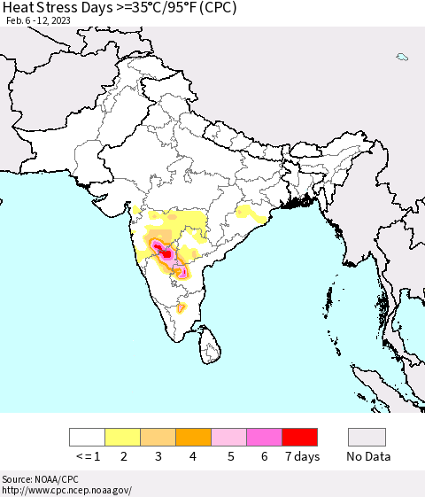 Southern Asia Heat Stress Days >=35°C/95°F (CPC) Thematic Map For 2/6/2023 - 2/12/2023