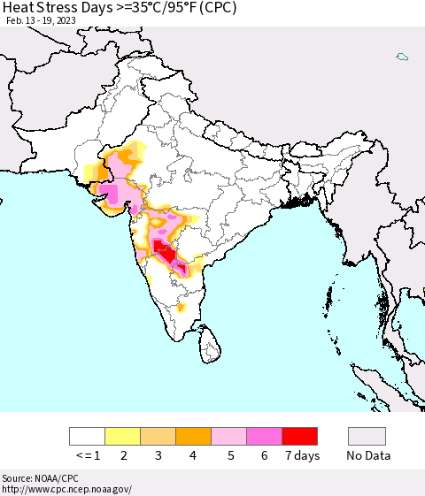 Southern Asia Heat Stress Days >=35°C/95°F (CPC) Thematic Map For 2/13/2023 - 2/19/2023