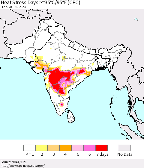 Southern Asia Heat Stress Days >=35°C/95°F (CPC) Thematic Map For 2/20/2023 - 2/26/2023