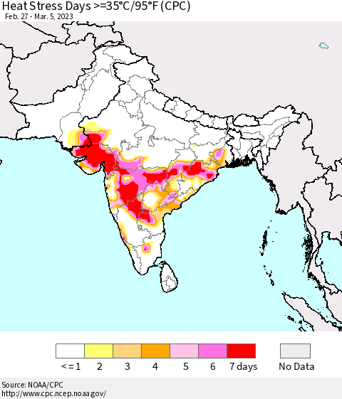 Southern Asia Heat Stress Days >=35°C/95°F (CPC) Thematic Map For 2/27/2023 - 3/5/2023