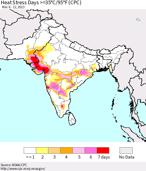 Southern Asia Heat Stress Days >=35°C/95°F (CPC) Thematic Map For 3/6/2023 - 3/12/2023