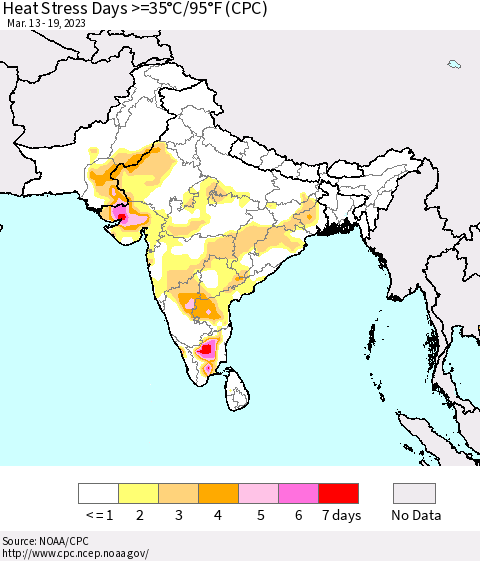 Southern Asia Heat Stress Days >=35°C/95°F (CPC) Thematic Map For 3/13/2023 - 3/19/2023