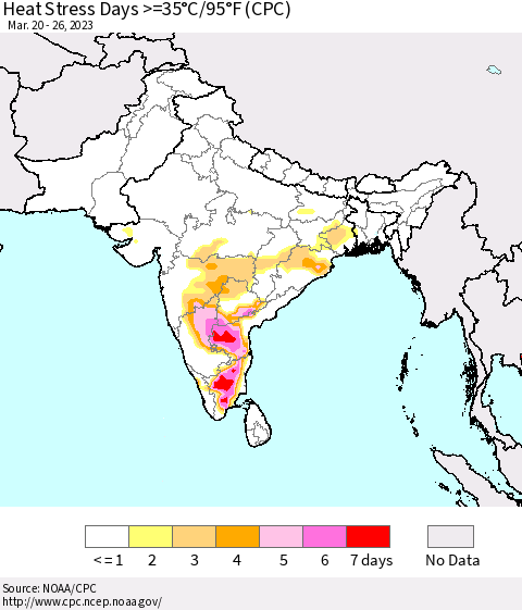Southern Asia Heat Stress Days >=35°C/95°F (CPC) Thematic Map For 3/20/2023 - 3/26/2023