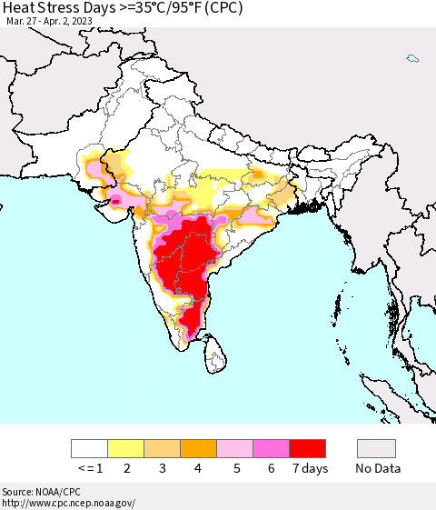 Southern Asia Heat Stress Days >=35°C/95°F (CPC) Thematic Map For 3/27/2023 - 4/2/2023